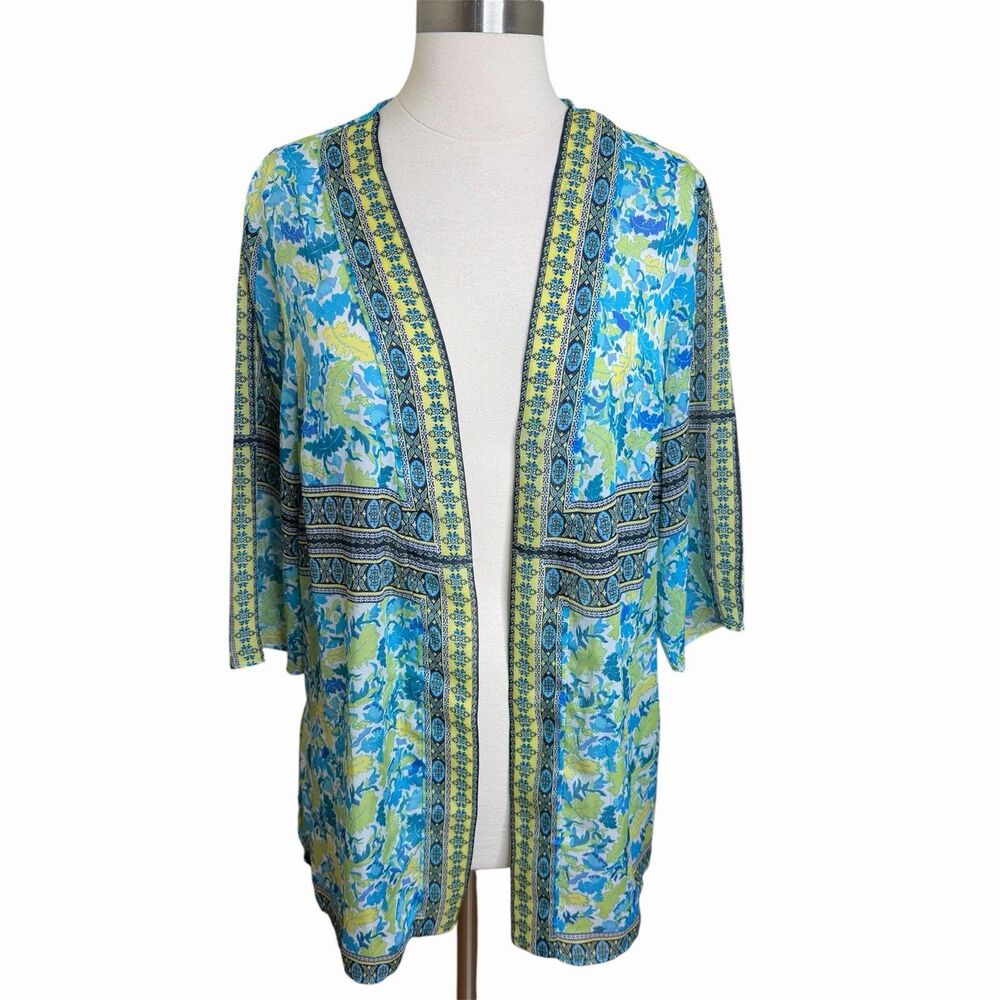 Susan Graver Open Front Kimono Top Womens M  Blue Geometric Sheer Boho Beach